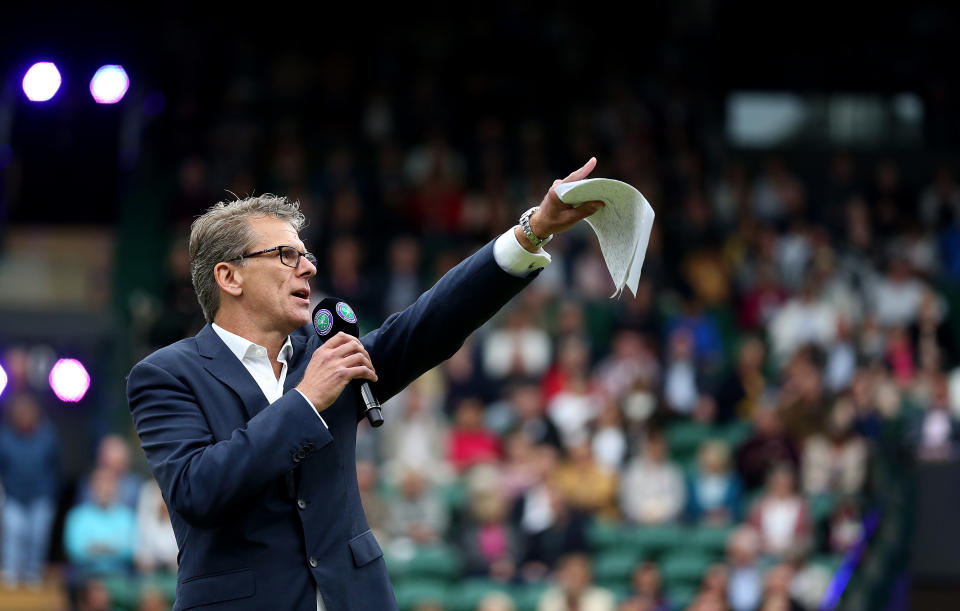 Andrew Castle on No.1 court at The All England Lawn Tennis Club, London. (Photo by Steven Paston/PA Images via Getty Images)