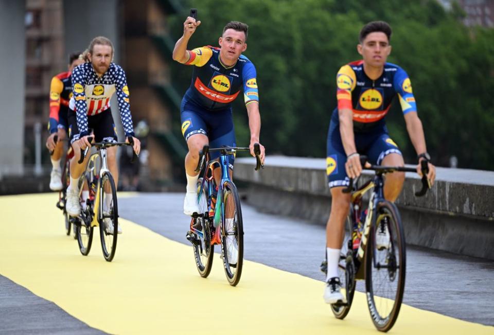 TrekSegafredo riders pictured during the team presentation ahead of the 110th edition of the Tour de France cycling race in Bilbao Spain Thursday 29 June 2023 This years Tour de France takes place from 01 to 23 July 2023 and starts with three stages in Spain BELGA PHOTO JASPER JACOBS Photo by JASPER JACOBS  BELGA MAG  Belga via AFP Photo by JASPER JACOBSBELGA MAGAFP via Getty Images