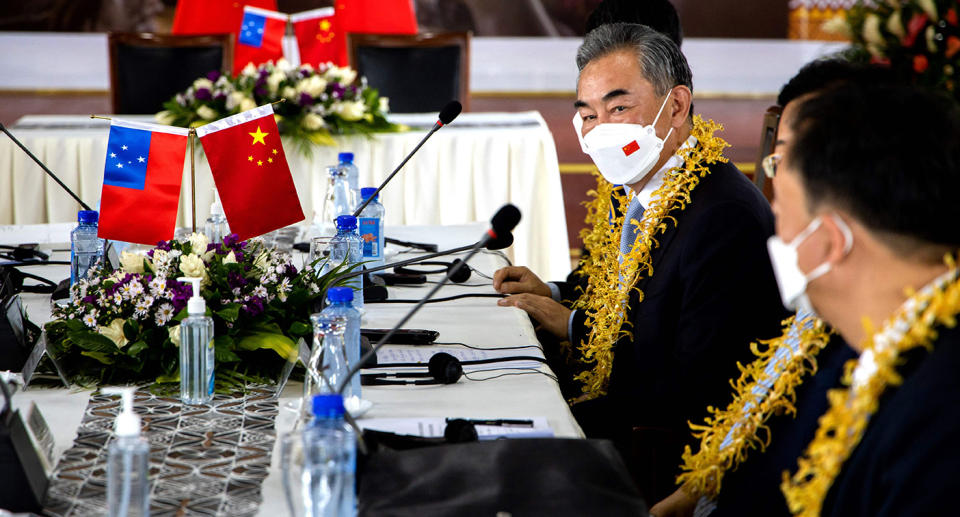 This picture released by the Samoa Observer on May 28, 2022 shows Chinese Foreign Minister Wang Yi holding a meeting with Samoa Prime Minister Fiame Naomi Mataafa after agreements signing ceremony between China and Samao in Apia. - - --- EDITORS NOTE --- RESTRICTED TO EDITORIAL USE (Photo by Vaitogi Asuisui MATAFEO / SAMOA OBSERVER / AFP) / --- EDITORS NOTE --- RESTRICTED TO EDITORIAL USE (Photo by VAITOGI ASUISUI MATAFEO/SAMOA OBSERVER/AFP via Getty Images)