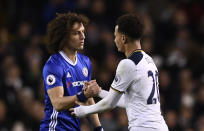 <p>Britain Football Soccer – Tottenham Hotspur v Chelsea – Premier League – White Hart Lane – 4/1/17 Tottenham’s Dele Alli with Chelsea’s David Luiz as he is substituted Reuters / Dylan Martinez Livepic EDITORIAL USE ONLY. No use with unauthorized audio, video, data, fixture lists, club/league logos or “live” services. Online in-match use limited to 45 images, no video emulation. No use in betting, games or single club/league/player publications. Please contact your account representative for further details. </p>