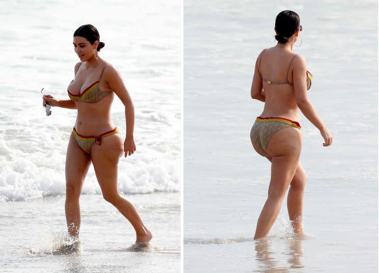 Kim Kardashian a été humiliée après que des photos d’elle en bikini aient révélé qu’elle avait de la cellulite. [Photo : FameFlynet]