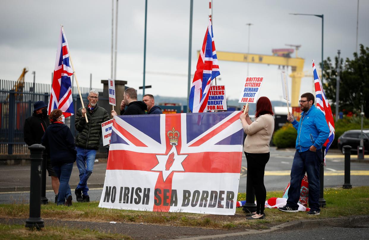 Loyalists protest against the Northern Ireland Brexit protocol at Belfast Harbour Estate (Reuters)
