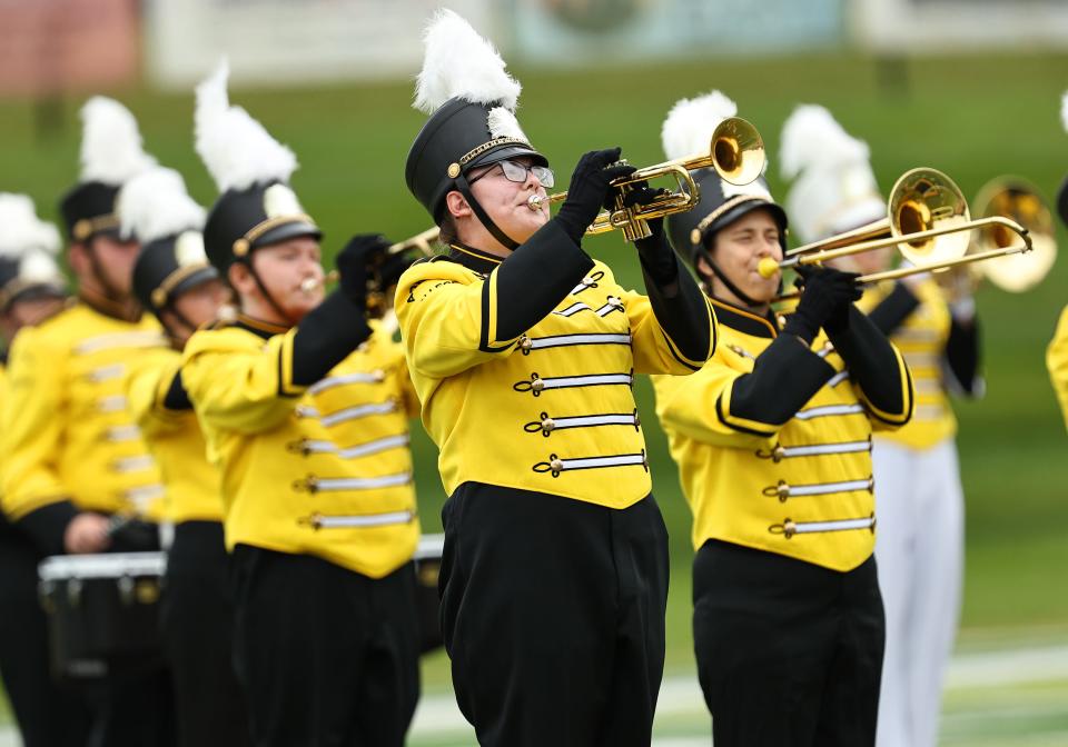 The Adrian College marching band is pictured in this file photo performing live at Docking Stadium on the campus of Adrian College. AC's fight song, "Hail Adrian" was voted for 2023 as the best collegiate fight song among NCAA Division III schools as part of an online tournament.