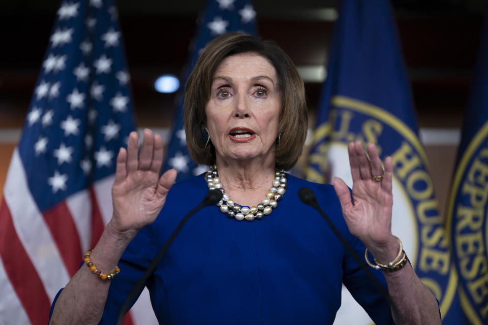 Speaker of the House Nancy Pelosi, D-Calif., holds a news conference the morning after the impeachment of President Donald Trump ended in acquittal, at the Capitol in Washington, Thursday, Feb. 6, 2020. (AP Photo/J. Scott Applewhite)