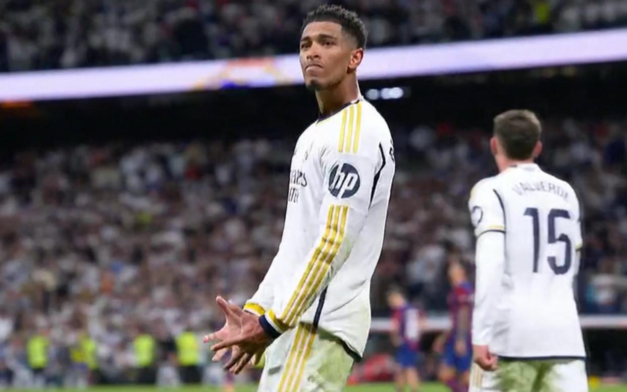 Jude Bellingham making a 'cojones' gesture while playing for Real Madrid