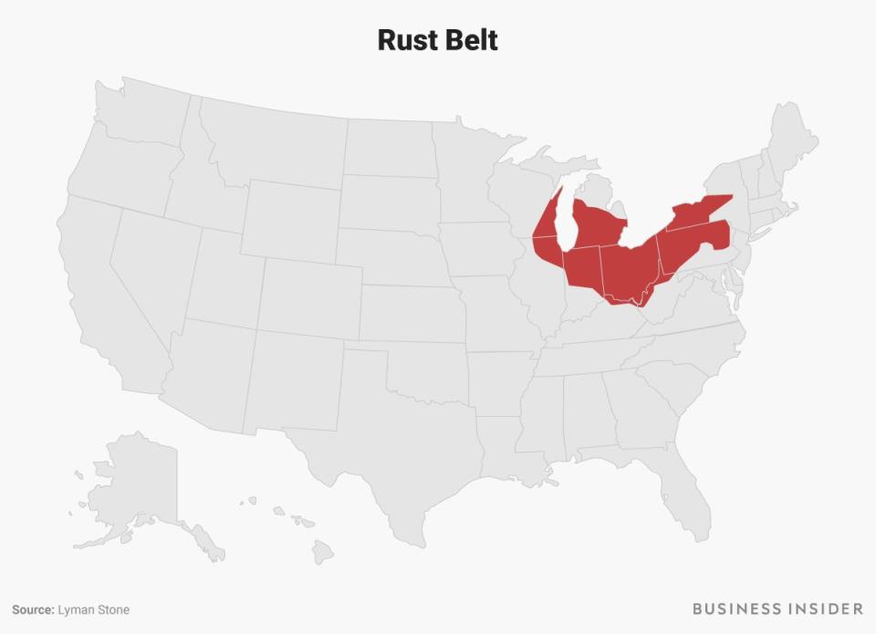 The Rust Belt region is highlighted in red on a US map.