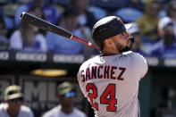 Minnesota Twins' Gary Sanchez bats during the ninth inning of a baseball game against the Kansas City Royals Sunday, May 22, 2022, in Kansas City, Mo. The Twins won 7-6. (AP Photo/Charlie Riedel)