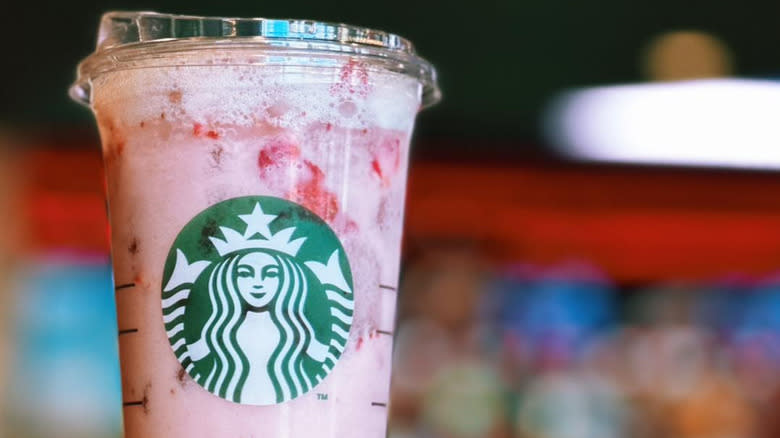 Blended Starbucks strawberry Refresha on table