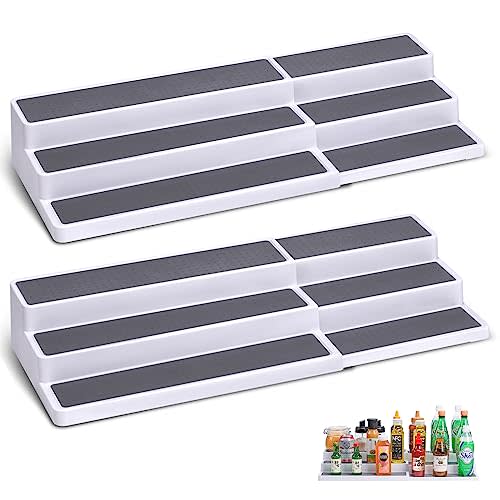 CiWiVOKi 3 Tier Expandable Spice Rack Organizer, White/Grey Plastic Spice Rack, Adjustable Length 14.6In-25.8In, 2 Pack Non-Skid Tiered Spice Shelf Organizer for Kitchen Cabinet, Cupboard, Pantry