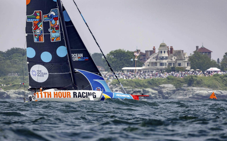 In this photo provided by 1 Degree/11th Hour Racing Team, 11th Hour Racing begins the Newport Bermuda Race off Newport, R.I., Friday, June 17, 2022. Big wave surfer Ian Walsh and snowboarder Elena Hight anticipate the ride of their lives when they sail with the crew of 11th Hour Racing in the race. (Harry KH/11th Hour Racing via AP)