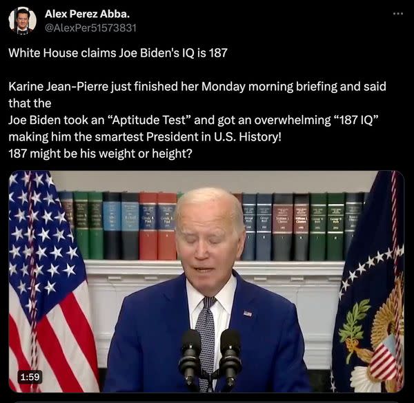 Online posts claimed that White House press secretary Karine Jean-Pierre said that US President Joe Biden scored an IQ of 187 after taking an aptitude test.