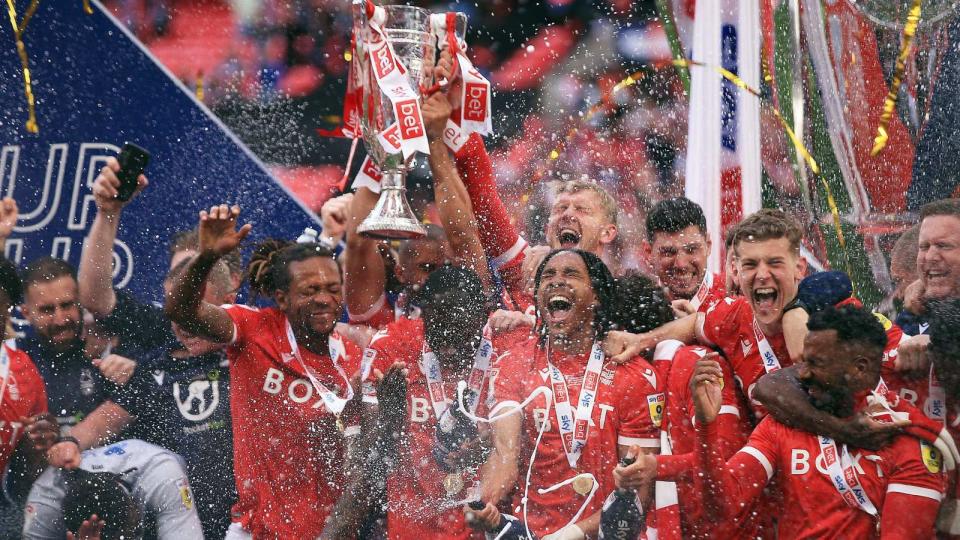 Nottingham Forest celebrate after beating Huddersfield 1-0 in the Championship play-off final Credit: PA Images
