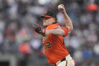 San Francisco Giants pitcher Logan Webb works against the Cincinnati Reds during the first inning of a baseball game in San Francisco, Friday, May 10, 2024. (AP Photo/Jeff Chiu)