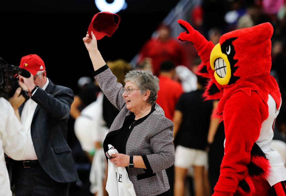 New U of L President Kim Schatzel was recognized during the women’s game against Ohio State at the Yum Center in Louisville, Ky. on Nov. 30, 2022.  