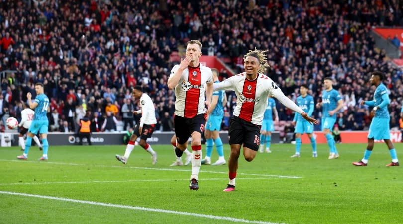 Southampton celebrate their late equalizer in the 3-3 draw against Tottenham in March 2023.