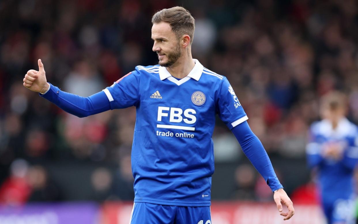 James Maddison of Leicester City during the Emirates FA Cup Fourth Round match between Walsall and Leicester City at Poundland Bescot Stadium on January 28, 2023 in Walsall, England - Plumb Images/Leicester City FC via Getty Images