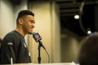 Tua Tagovailoa talks to the media at the NFL Scouting Combine on Tuesday, Feb. 25, 2020 in Indianapolis. (Detroit Lions via AP)