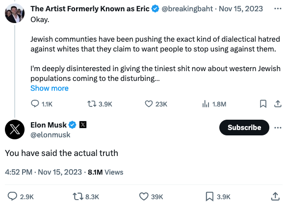 Elon Musk endorsing a tweet that says Jews encourage 