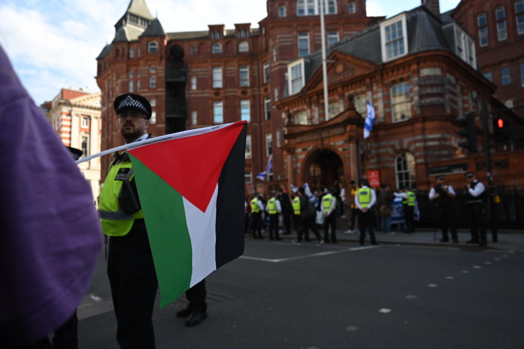 LONDON, UNITED KINGDOM - MAY 04: Police take measures as students stage a demonstration demanding an end to the university's collaboration with Israel and advocating for a ceasefire in Gaza outside University College London (UCL) in London, United Kingdom on May 04, 2024. (Photo by Rasid Necati Aslim/Anadolu via Getty Images)