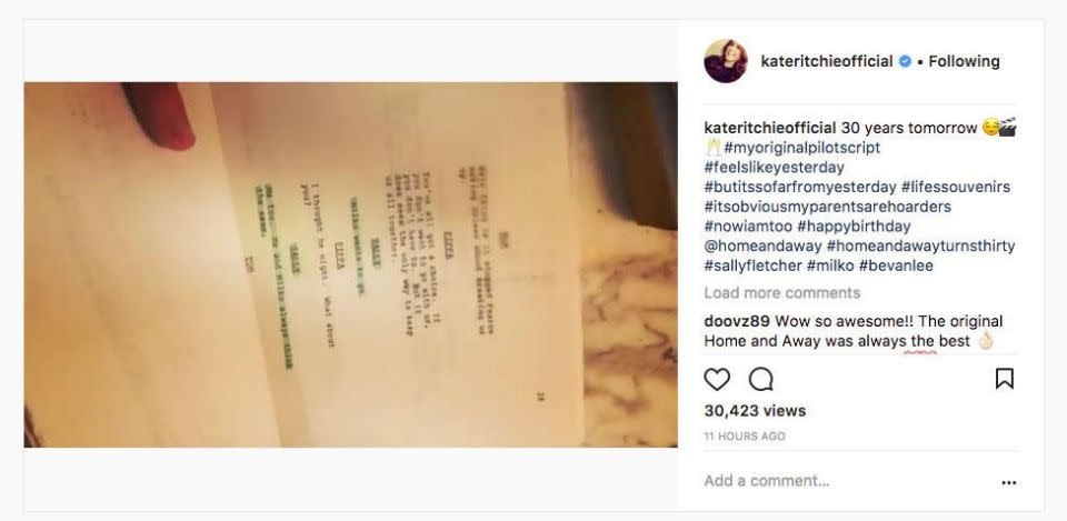 Taking to Instagram on Tuesday, the 39-year-old shared a snippet of her first original script for the pilot episode back in 1988. Source: Instagram/kateritchieofficial