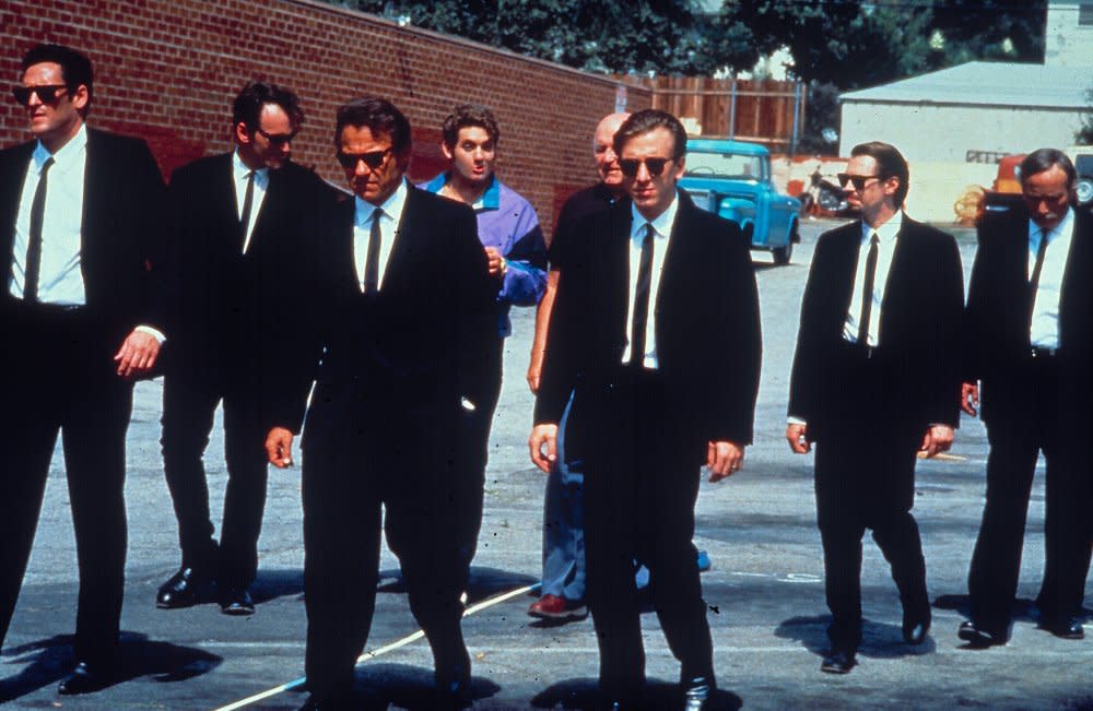 L-R: Michael Madsen, Quentin Tarantino, Harvey Keitel, Chris Penn, Lawrence Tierney, Tim Roth, Steve Buscemi, Eddie Bunker in <i>Reservoir Dogs</i>. (Miramax)