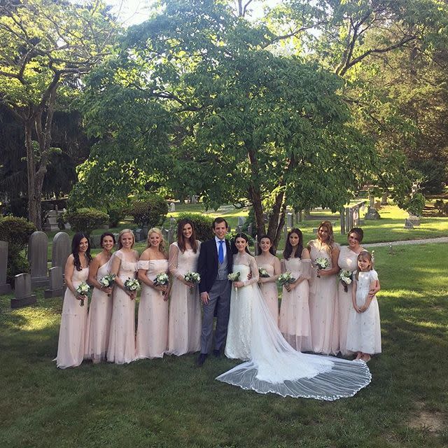 <p>Designer Katie Ermilio wed now-husband Tylee Abbott at her hometown church in Pennsylvania this summer. The bride, who has designed many custom wedding gowns throughout her career, created her own gown for the occasion, as well as looks for her ten-person bridal party, who were clad in soft blush.</p>