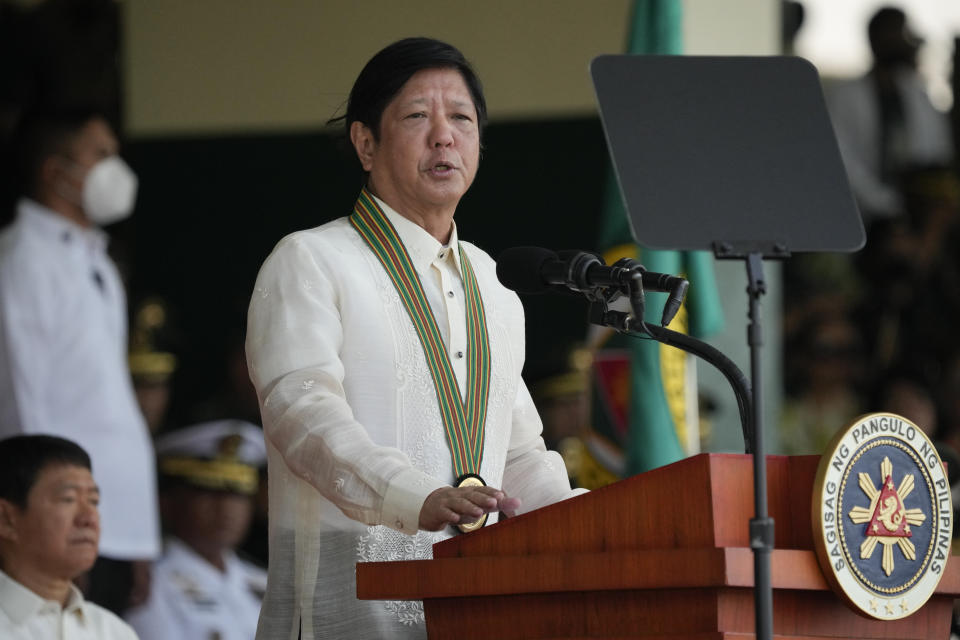 Philippine President Ferdinand Marcos Jr. talks at the 126th founding anniversary of the Philippine Army at Fort Bonifacio in Taguig, Philippines on Wednesday, March 22, 2023. (AP Photo/Aaron Favila)