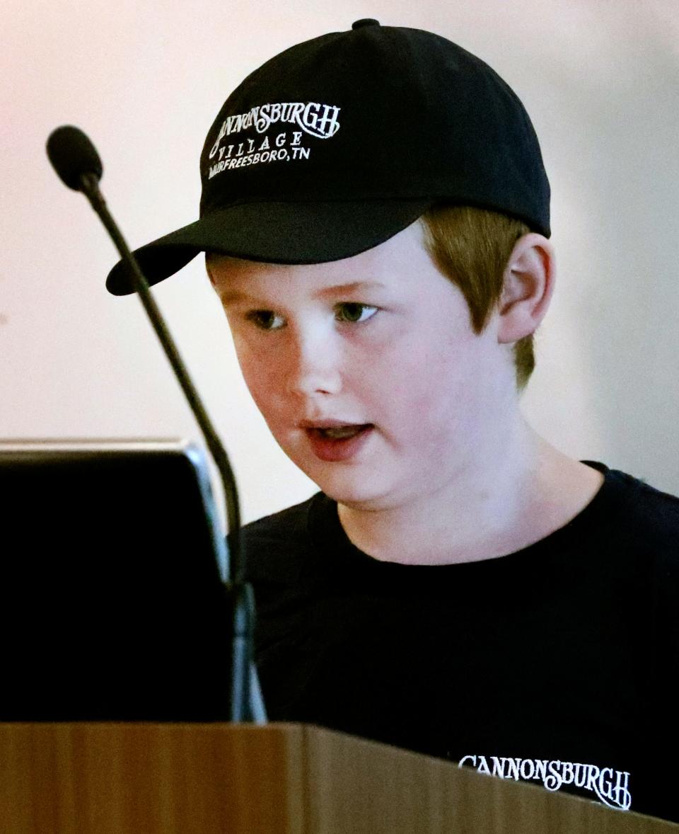 Linus Cadenhead, 10, speaks to keep Cannonsburgh Village during a meeting of the Murfreesboro City Council on Thursday, Sept. 14, 2023, where a new minor league AA baseball stadium and team coming to Murfreesboro was discussed.