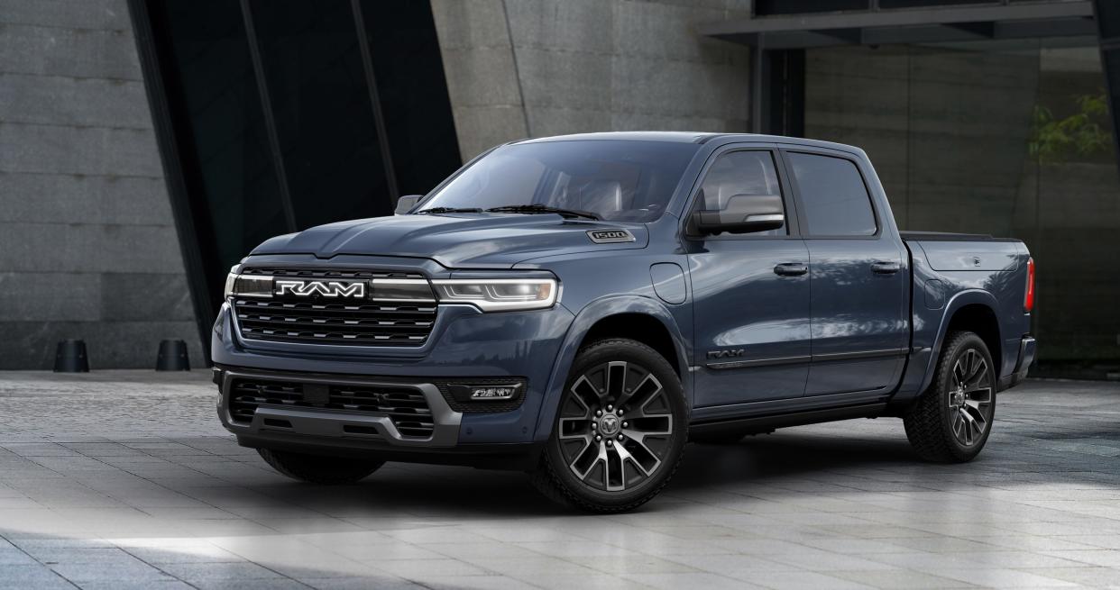 Stellantis touts the range of its 2025 Ram 1500 Ramcharger, which uses a battery pack and a gas-powered generator.