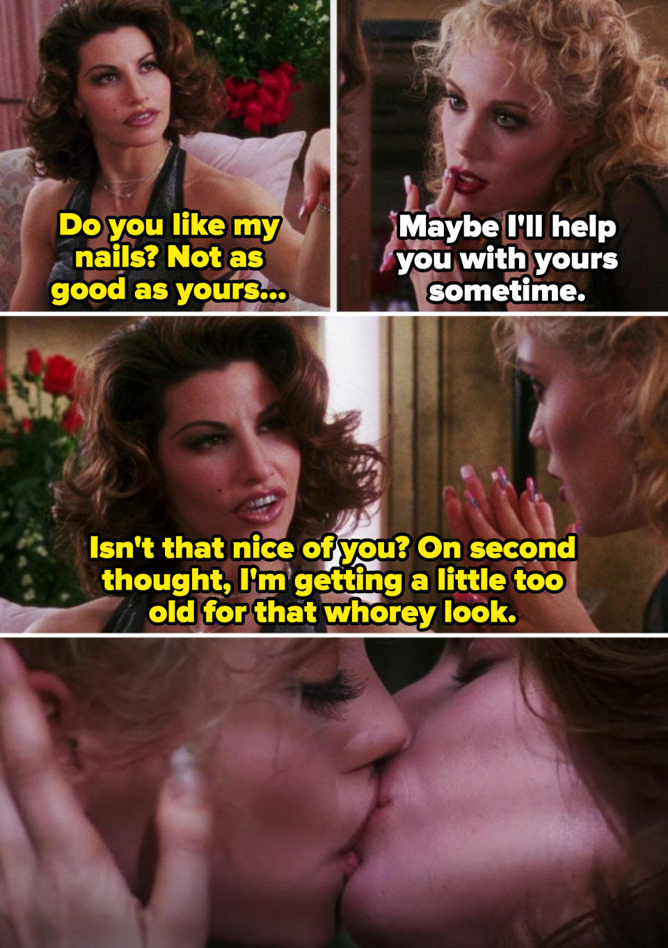 Cristal insulting Nomi's nails in "Showgirls;" Nomi and Cristal kissing in the hospital
