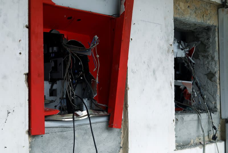 Destroyed ATM cash machines are pictured in the Lekki district of the commercial capital Lagos