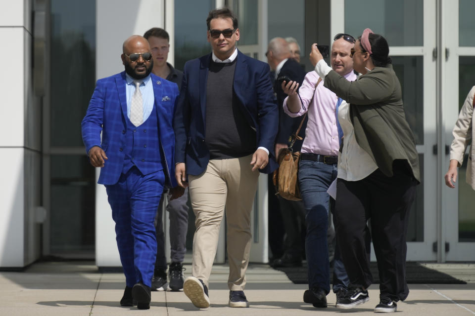 U.S. Rep. George Santos leaves the federal courthouse in Central Islip, N.Y., Wednesday, May 10, 2023. Santos pleaded not guilty to charges alleging a financial fraud at the heart of a political campaign built on dubious boasts about his personal wealth and business success. (AP Photo/Seth Wenig)