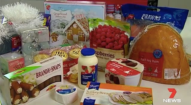 Choice put together three Christmas trolleys from Coles, Woolworths and Aldi, then compared the prices. Source: 7 News