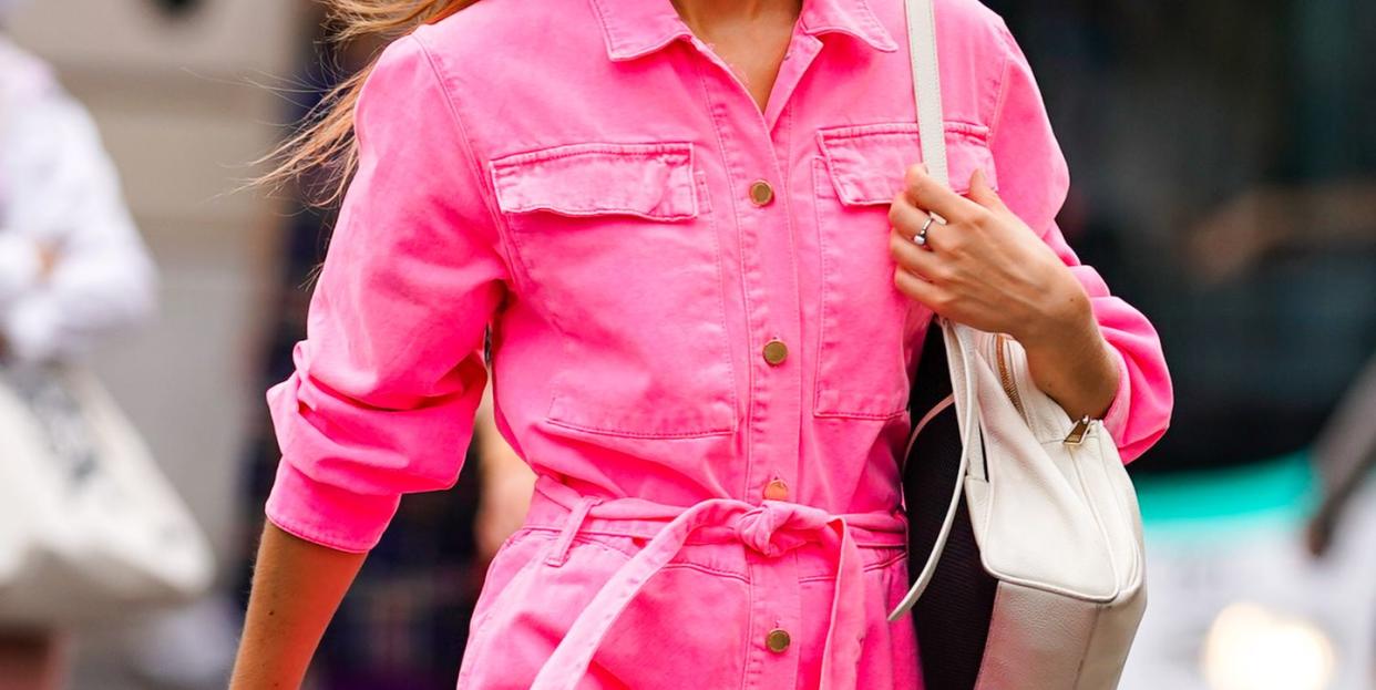women wearing pink denim jumpsuit in paris