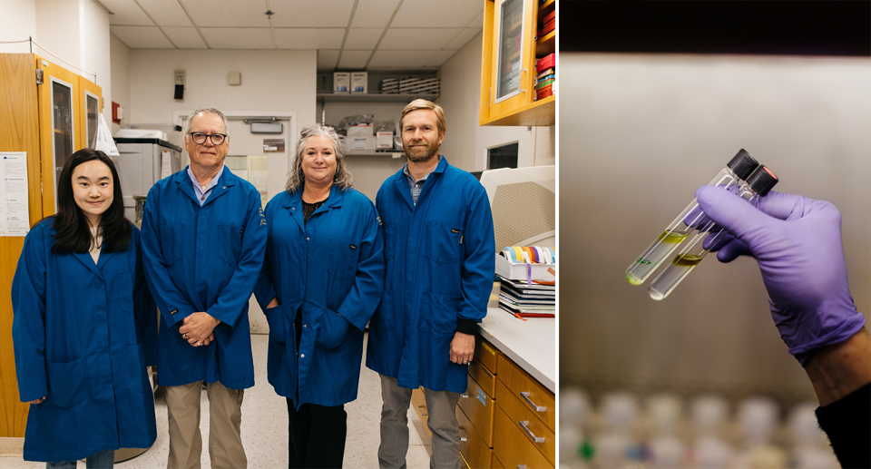 The UC Santa Cruz research team in the lab - Esther Mak, Jonathan Zehr, Kendra Turk-Kubo and Tyler Coale. Right - a gloved hand holding to vials.