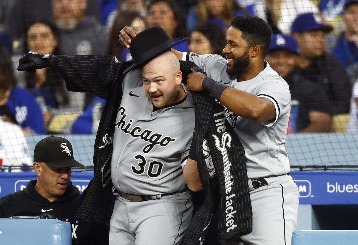 Jake Burger of the Chicago White Sox wears the home run jacket as