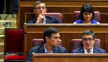 Former leader of Spain's Socialist party (PSOE) Pedro Sanchez (front L) reacts during the investiture debate at the Parliament in Madrid, Spain, October 27, 2016. REUTERS/Andrea Comas