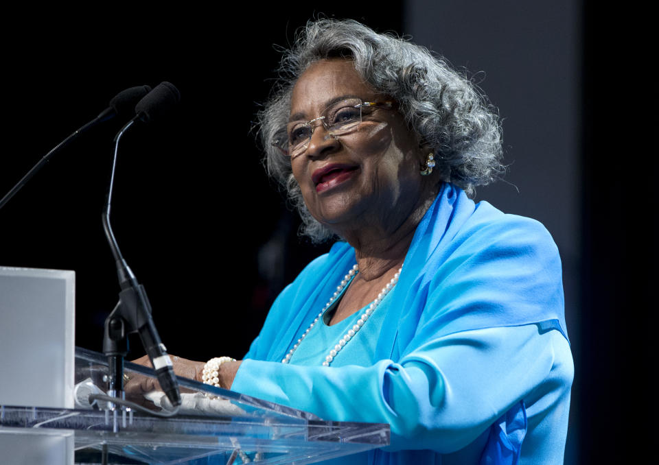 FILE - In this Saturday, Sept. 19, 2015 file photo, Civil rights activist Juanita Abernathy speaks after receiving the George Thomas "Mickey" Leland Award at the Congressional Black Caucus Foundation's 45th Annual Legislative Conference Phoenix Awards Dinner at the Walter E. Washington Convention Center in Washington. Juanita Abernathy, who wrote the business plan for the 1955 Montgomery Bus Boycott and took other influential steps in helping to build the American civil rights movement, has died. She was 88. Family spokesman James Peterson confirmed Abernathy died Thursday, Sept. 12, 2019 at Piedmont Hospital in Atlanta following complications from a stroke. (AP Photo/Carolyn Kaster, File)