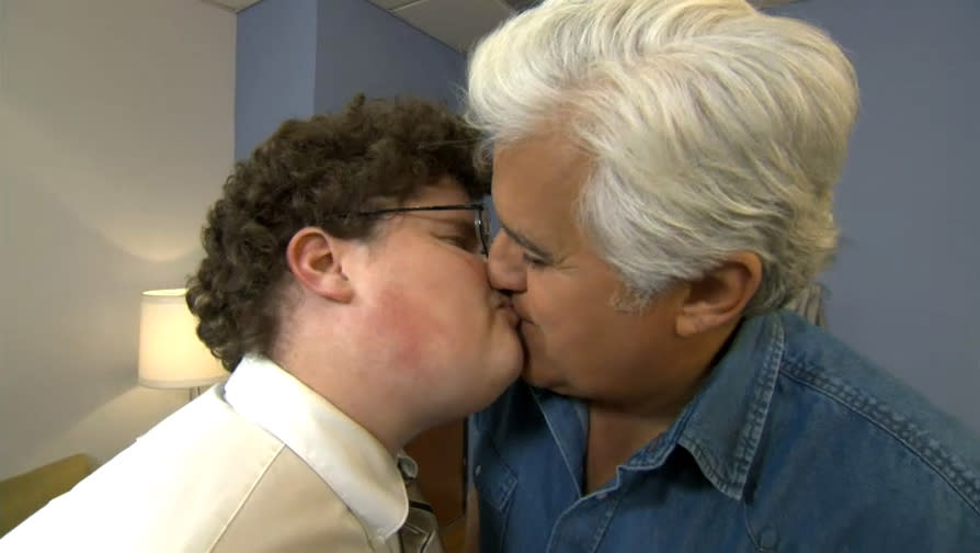 In an opening skit for "The Tonight Show With Jay Leno" on Feb. 6, Bar Refaeli and Jesse Heiman teamed up to play a prank on the longtime late-night talk-show host. Leno approached Refaeli backstage and told her how much he liked the kissy Go Daddy commercial. "Any chance we could re-create the ad?" he asks the Israeli beauty. "Sure -- pucker up," she says. Leno closed his eyes, puckered up, and got a big surprise. Refaeli had swapped spots with Heiman, and the two fellows proceeded to give each other the most awkward kiss of all.