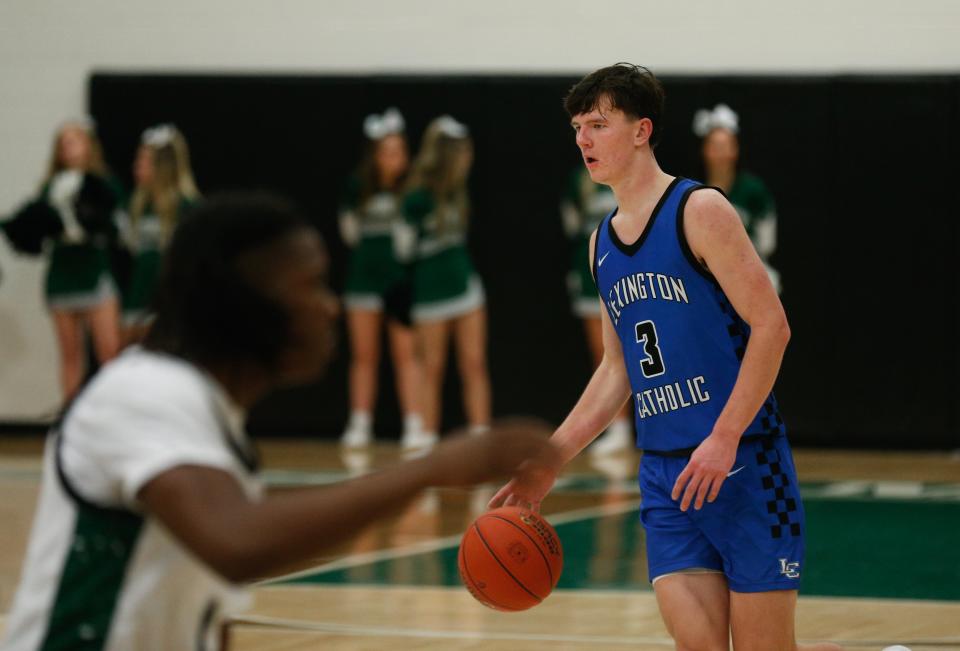 Lexington Catholic’s Tyler Doyle brings the ball up court against Trinity Friday night in Louisville.
Feb. 2, 2024