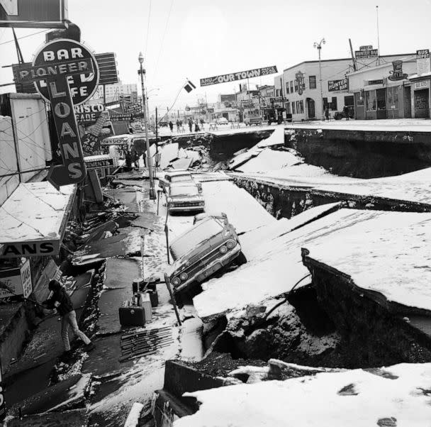 PHOTO: Anchorage's main thoroughfare is shown on March 29, 1964, after the 1964 earthquake. (Bettmann Archive/Getty Images, FILE)