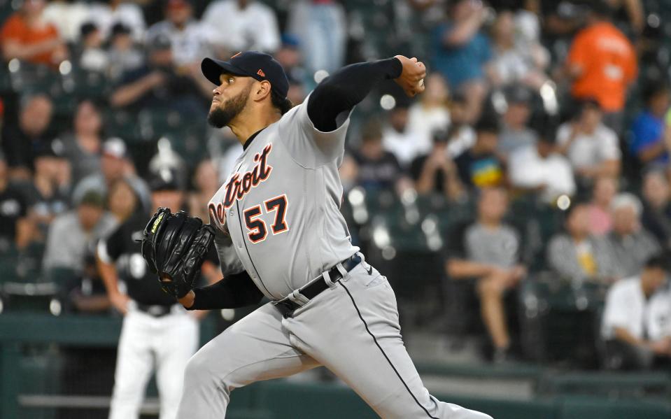 Detroit Tigers starting pitcher Eduardo Rodriguez (57) delivers a pitch against the Chicago White Sox during the first at Guaranteed Rate Field in Chicago on Friday, Sept. 1, 2023.
