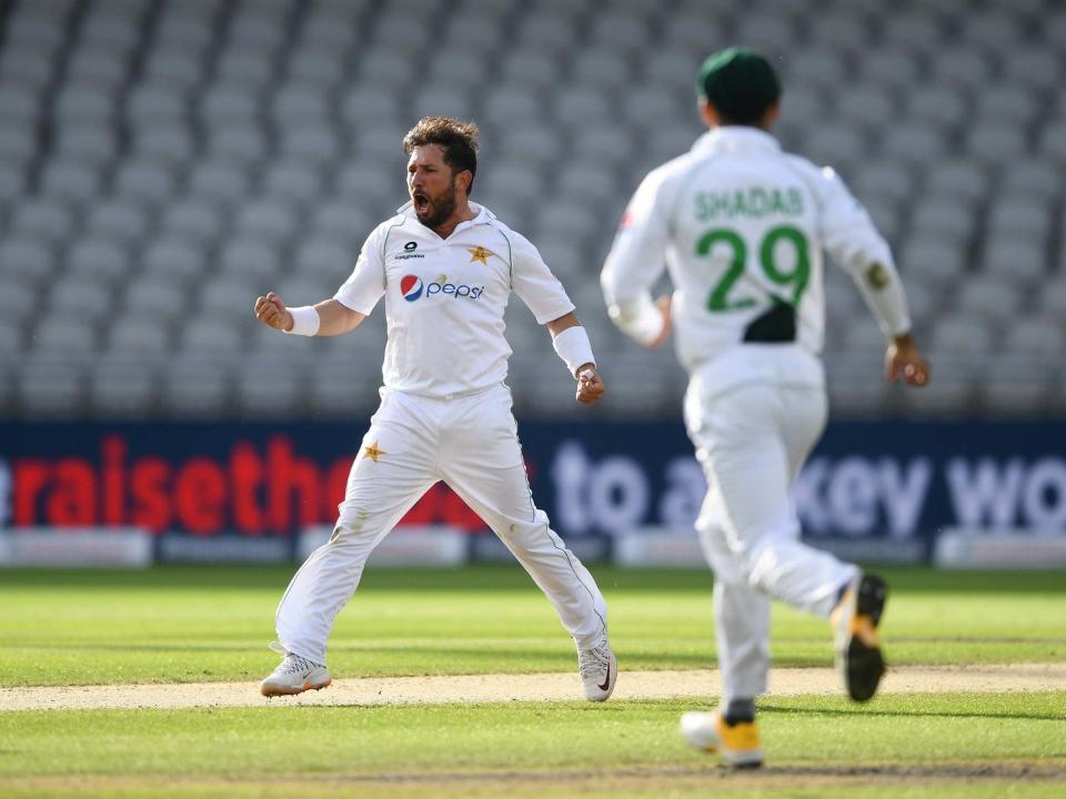 Yasir Shah of Pakistan celebrates the wicket of Joe Root: Gett