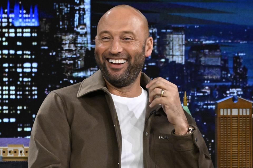 Derek Jeter during an interview with host Jimmy Fallon on The Tonight Show Starring Jimmy Fallon