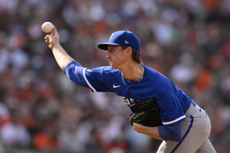 Kansas City Royals starting pitcher Brady Singer throws during the third inning of a baseball game against the Baltimore Orioles, Saturday, June 10, 2023, in Baltimore. (AP Photo/Nick Wass)