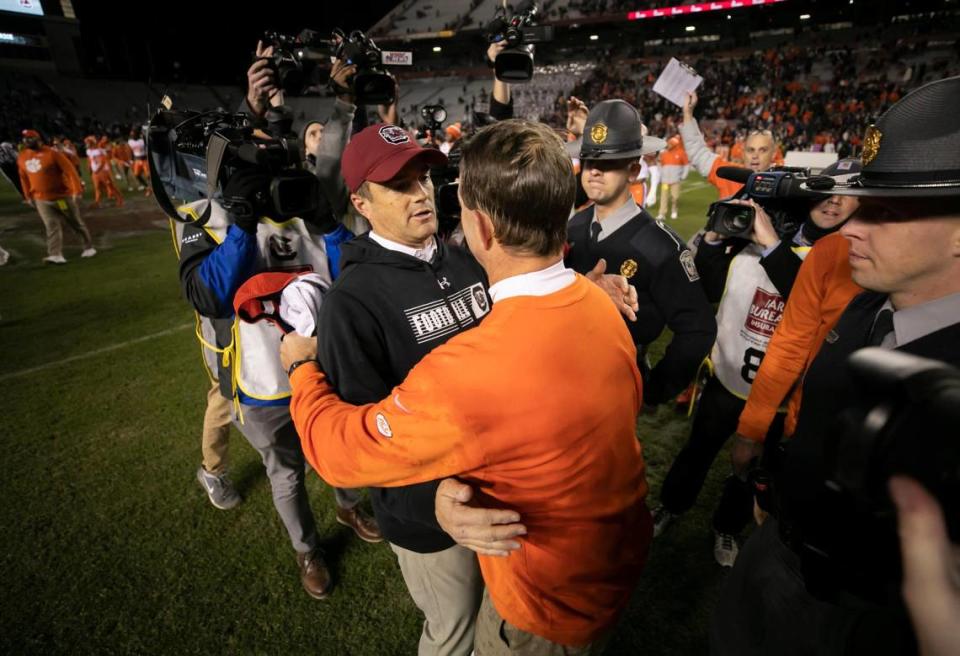 Shane Beamer speaks with Dabo Swinney following the Gamecocks’ loss to Clemson at Williams-Brice Stadium on Saturday, November 27, 2021.