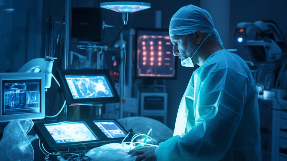 An operating room with a doctor monitoring a patient's vital signs during surgery with a medical device.