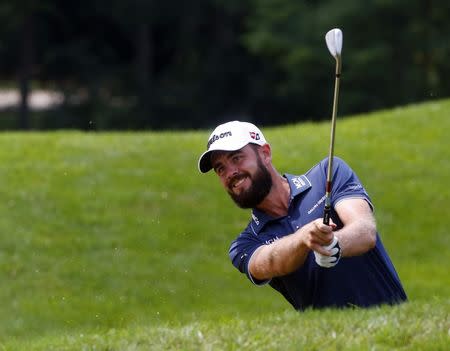 Jul 20, 2018; Nicholasville, KY, USA; Troy Merritt hits his shot during the second round of the Barbasol Championship golf tournament at Keene Trace Golf Club. Mandatory Credit: Mark Zerof-USA TODAY Sports