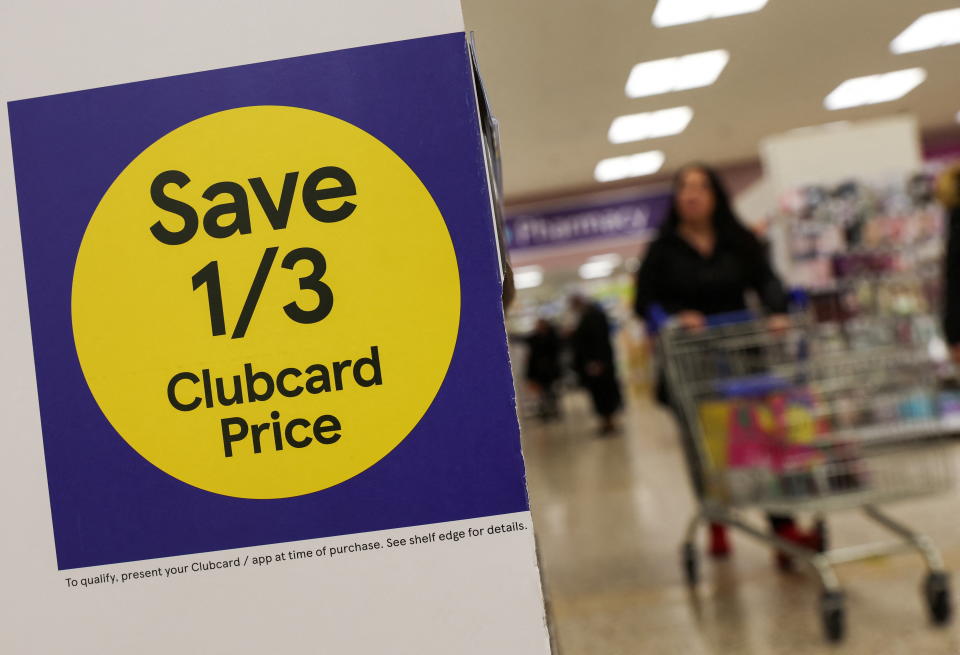 Clubcard branding is seen inside a branch of a Tesco Extra Supermarket in London, Britain, February 10, 2022. Picture taken February 10, 2022. REUTERS/Paul Childs