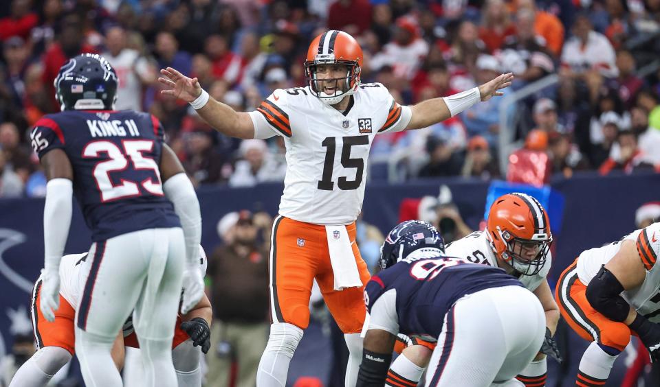 Dec 24, 2023; Houston, Texas, USA; Cleveland Browns quarterback Joe Flacco (15) at the line of scrimmage during the game against the Houston Texans at NRG Stadium. Mandatory Credit: Troy Taormina-USA TODAY Sports